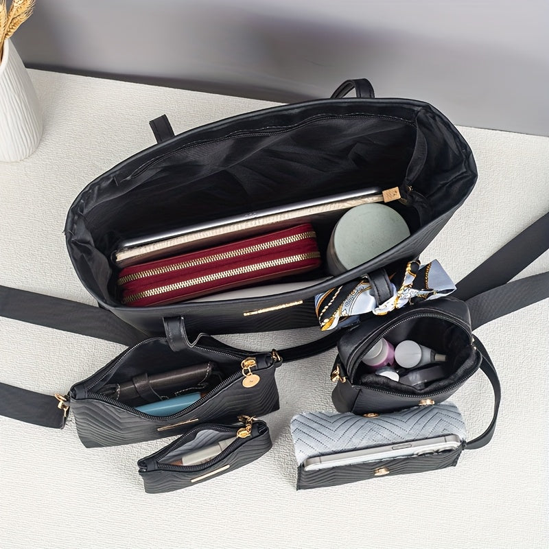 Amanda | Wave-Embroidered 5-Piece Bag Set with Scarf