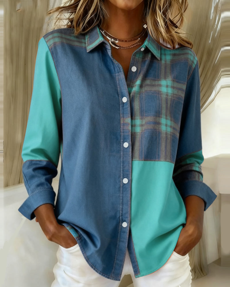 Lydia | Shirt with Notched Collar and Checked Contrast Design