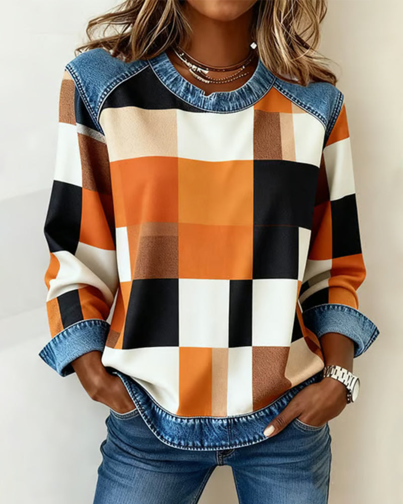 Lydia | Sweatshirt with Check Patchwork and Contrast Color