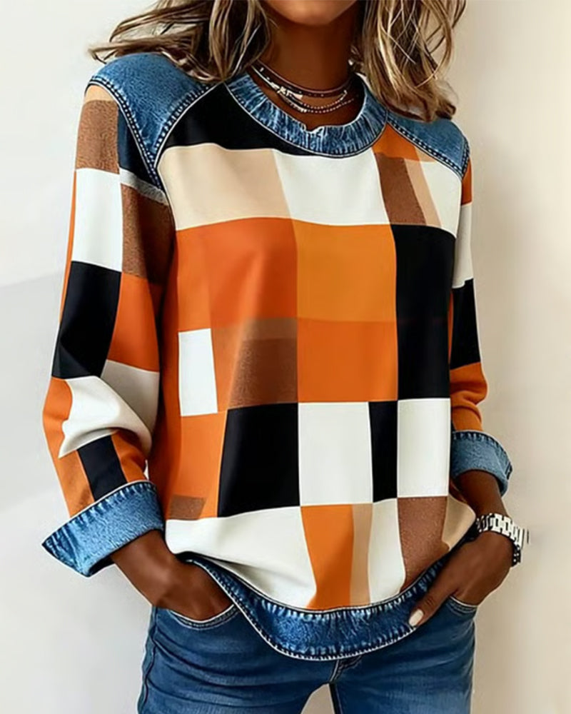 Lydia | Sweatshirt with Check Patchwork and Contrast Color