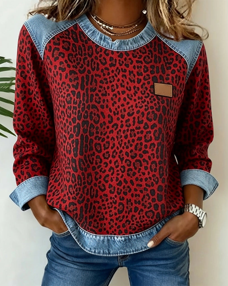 Lydia | Sweatshirt Leopard Print Denim Patchwork