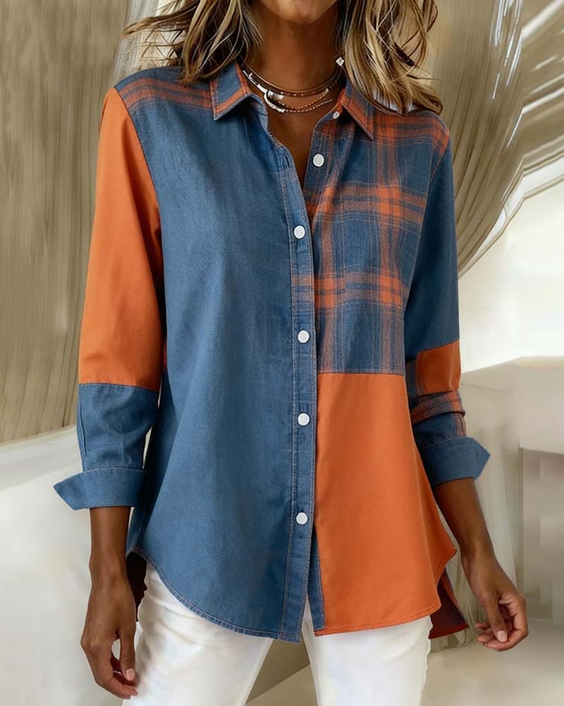 Lydia | Shirt with Notched Collar and Checked Contrast Design