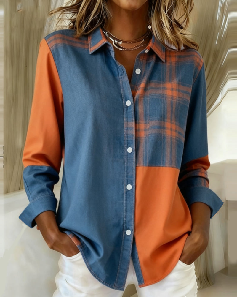 Lydia | Shirt with Notched Collar and Checked Contrast Design