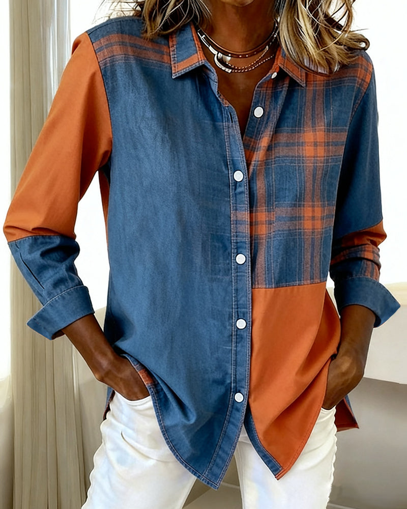 Lydia | Shirt with Notched Collar and Checked Contrast Design