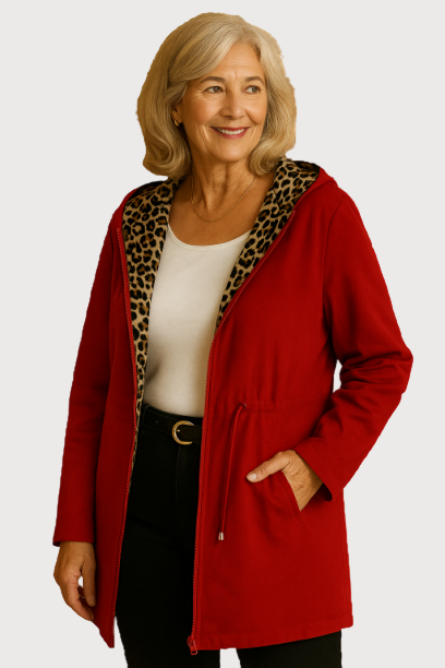 Reversible Hooded Coat with Leopard Print