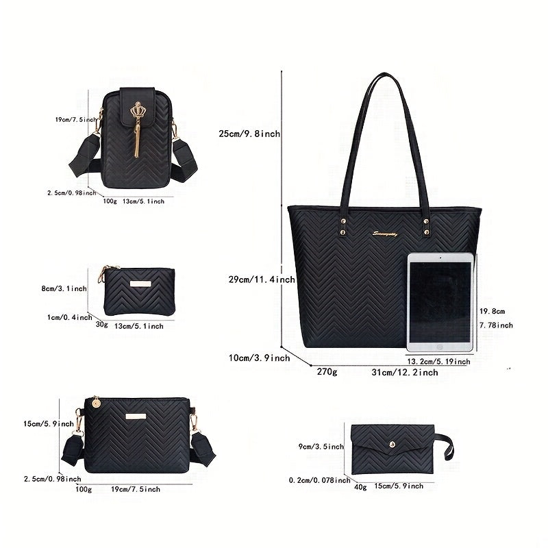 Amanda | Wave-Embroidered 5-Piece Bag Set with Scarf