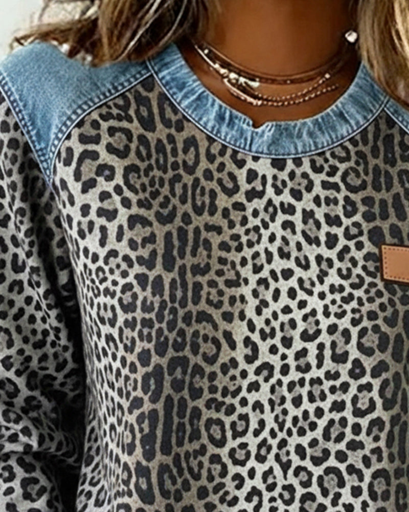 Lydia | Sweatshirt Leopard Print Denim Patchwork