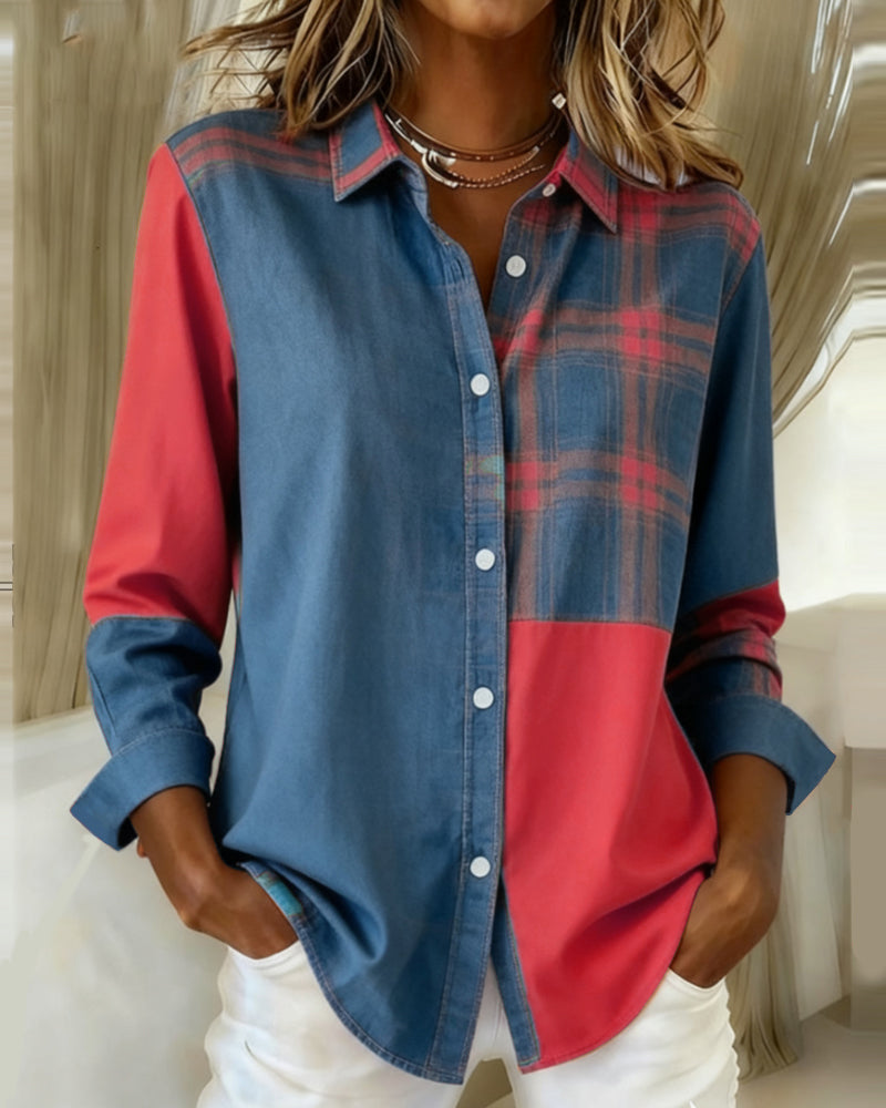 Lydia | Shirt with Notched Collar and Checked Contrast Design