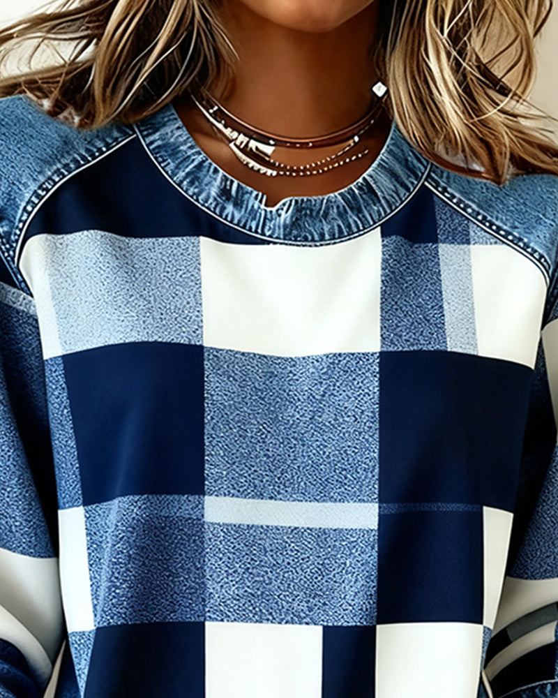Lydia | Sweatshirt with Check Patchwork and Contrast Color