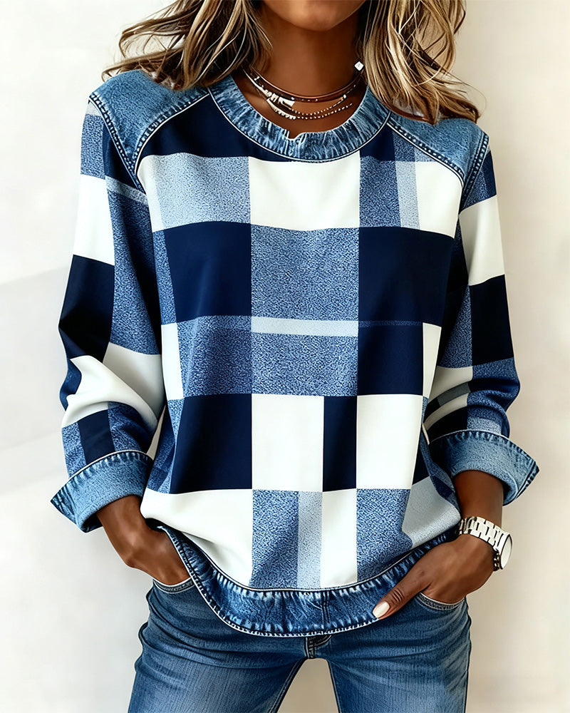Lydia | Sweatshirt with Check Patchwork and Contrast Color