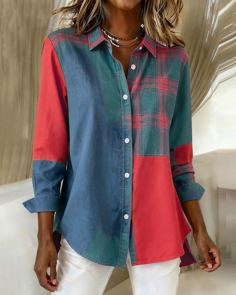 Lydia | Shirt with Notched Collar and Checked Contrast Design