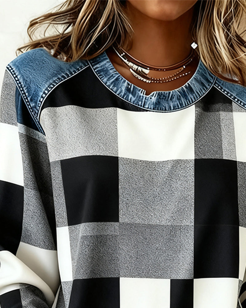 Lydia | Sweatshirt with Check Patchwork and Contrast Color