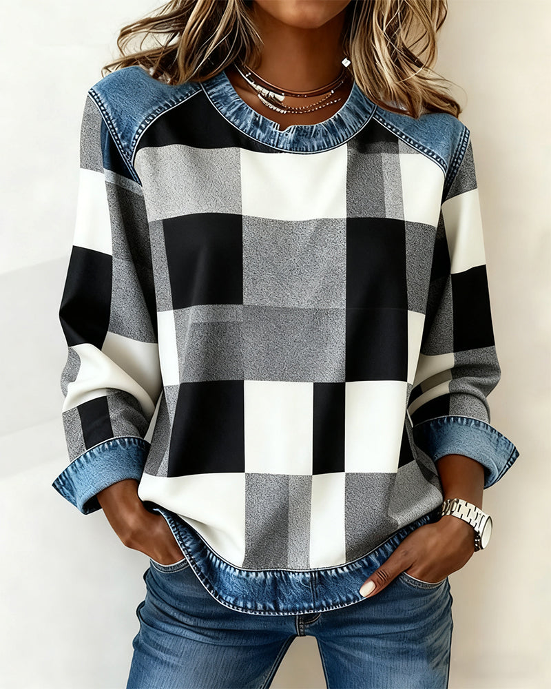 Lydia | Sweatshirt with Check Patchwork and Contrast Color