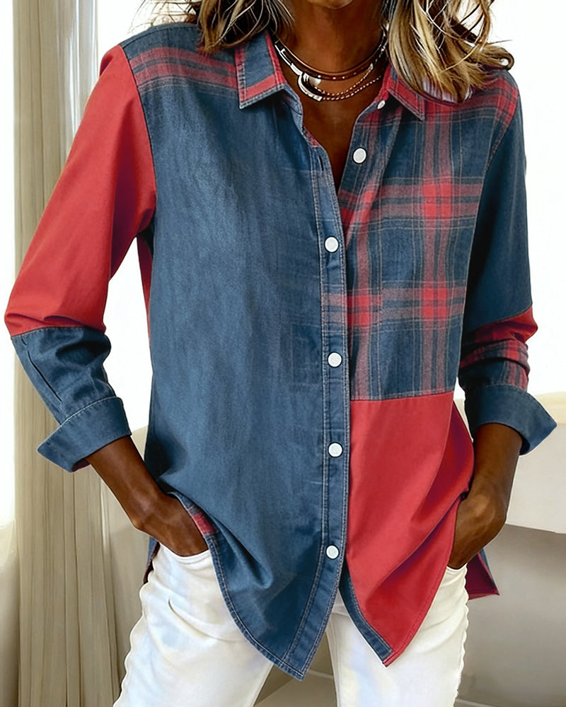 Lydia | Shirt with Notched Collar and Checked Contrast Design