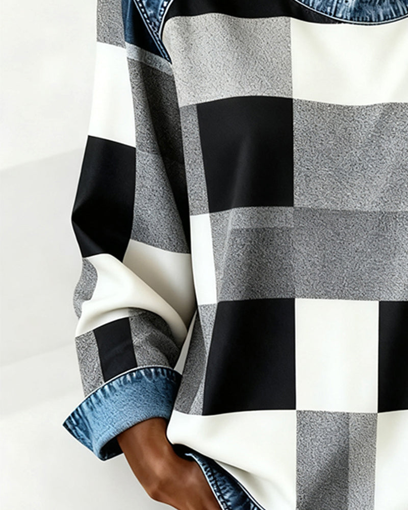 Lydia | Sweatshirt with Check Patchwork and Contrast Color