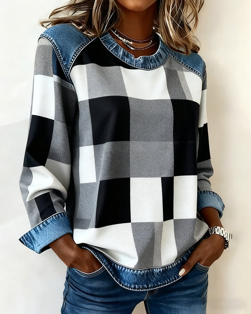 Lydia | Sweatshirt with Check Patchwork and Contrast Color