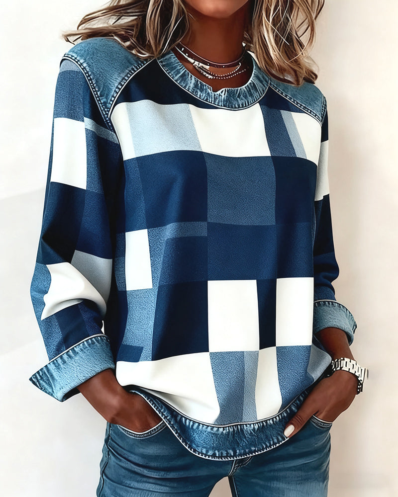 Lydia | Sweatshirt with Check Patchwork and Contrast Color
