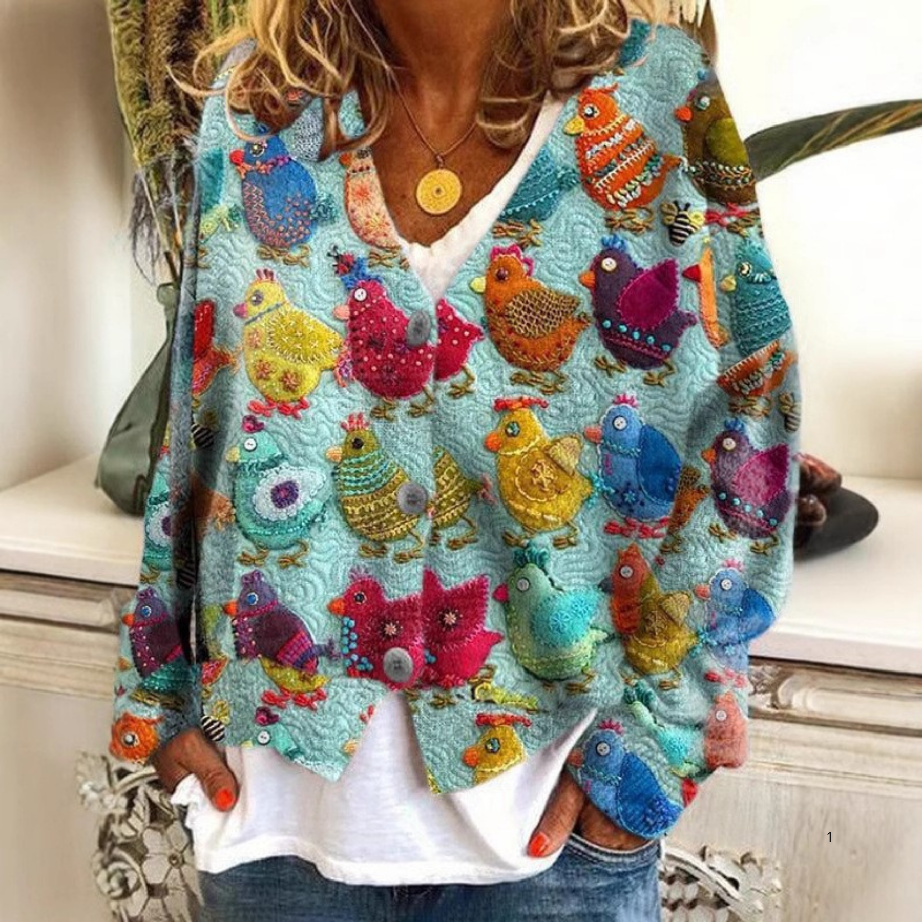 Colorful Bird Print Cardigan