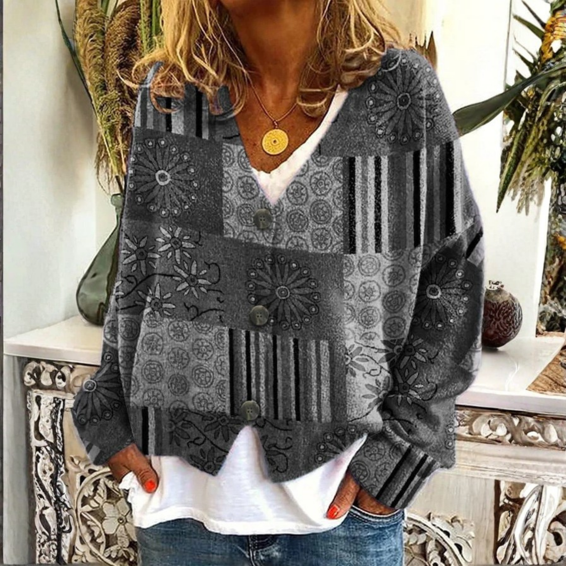 Monochrome Floral Patchwork Cardigan