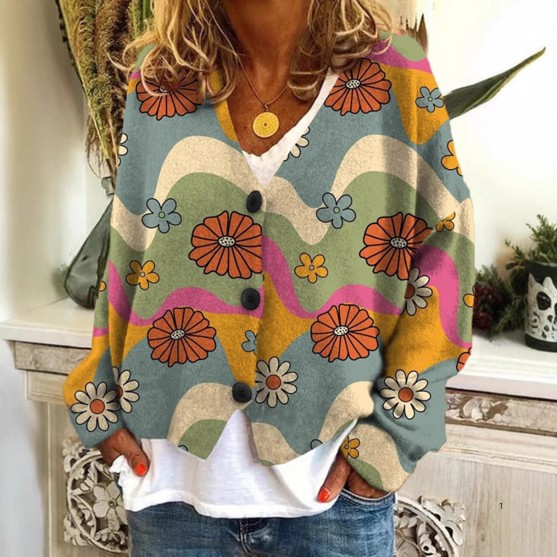 Retro Floral Wave Cardigan