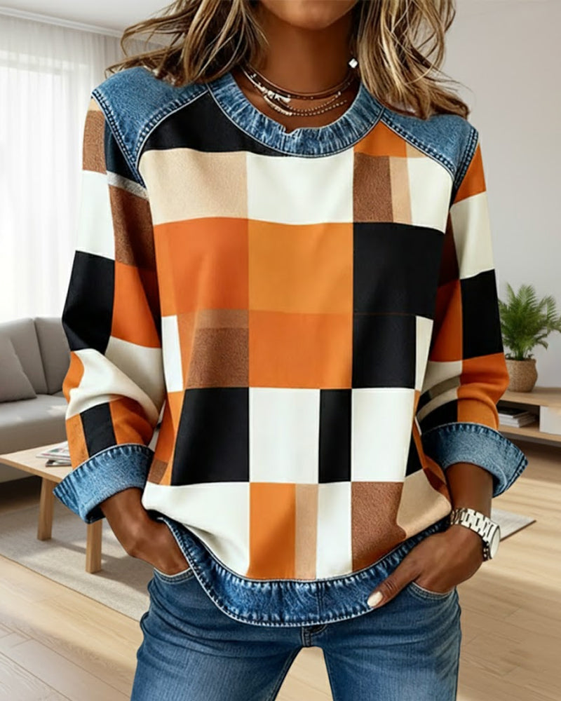 Lydia | Sweatshirt with Check Patchwork and Contrast Color