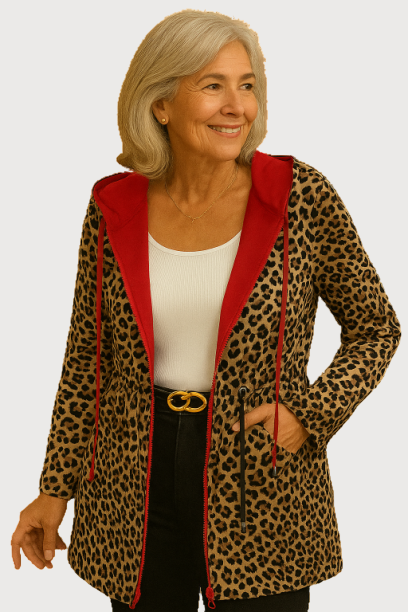 Reversible Hooded Coat with Leopard Print