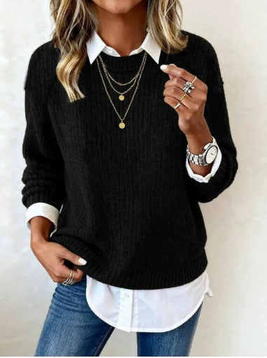 Lydia | Sweater With Shirt Collar And Patchwork Design